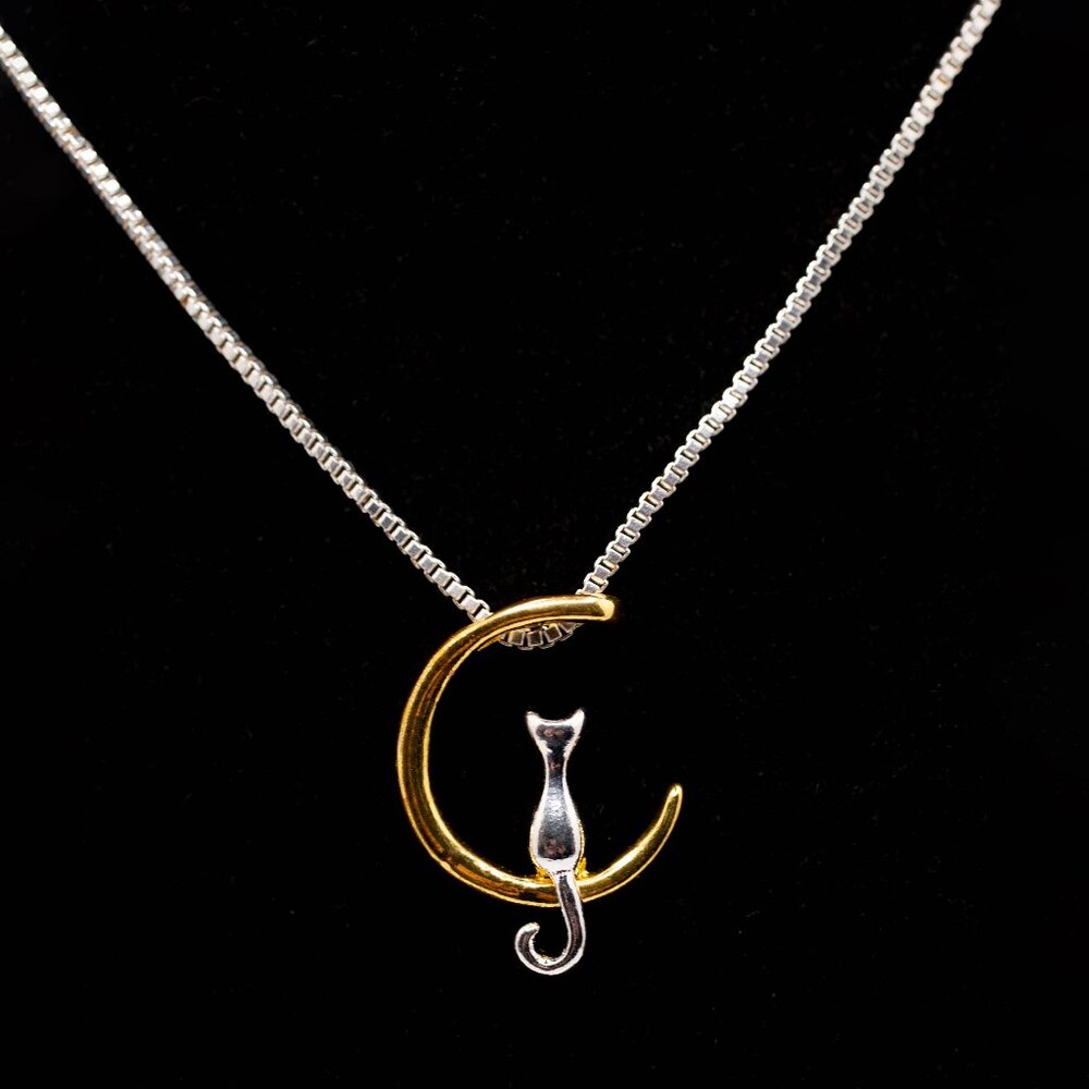 Handmade Two-toned Metal Cat Sitting on the Moon Necklace, New
